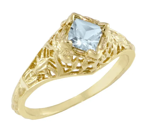 Antique Jewelry Mall Edwardian Floral Filigree Square Aquamarine Engagement Ring in 14K Yellow Gold Rings Antique Jewelry Mall Edwardian Floral Filigree Square Aquamarine Engagement Ring in 14K Yellow Gold Rings