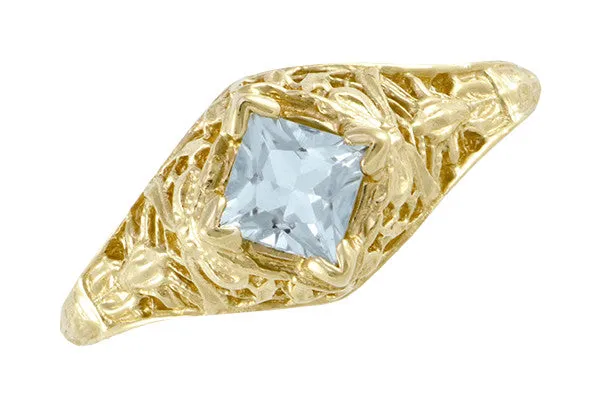 Antique Jewelry Mall Edwardian Floral Filigree Square Aquamarine Engagement Ring in 14K Yellow Gold Rings Antique Jewelry Mall Edwardian Floral Filigree Square Aquamarine Engagement Ring in 14K Yellow Gold Rings