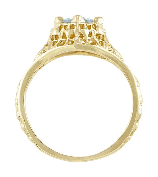 Antique Jewelry Mall Edwardian Floral Filigree Square Aquamarine Engagement Ring in 14K Yellow Gold Rings Antique Jewelry Mall Edwardian Floral Filigree Square Aquamarine Engagement Ring in 14K Yellow Gold Rings