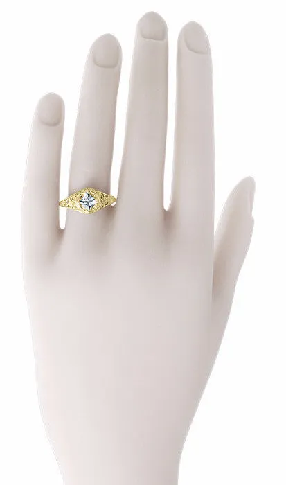 Antique Jewelry Mall Edwardian Floral Filigree Square Aquamarine Engagement Ring in 14K Yellow Gold Rings Antique Jewelry Mall Edwardian Floral Filigree Square Aquamarine Engagement Ring in 14K Yellow Gold Rings