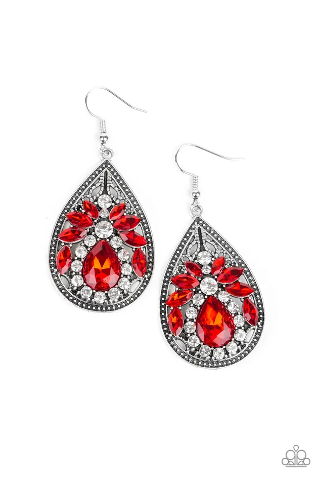 Candlelight Sparkle Paparazzi Red and White Rhinestone Silver Frame Teardrop Earrings Paparazzi Accessories Earrings Candlelight Sparkle Paparazzi Red and White Rhinestone Silver Frame Teardrop Earrings Paparazzi Accessories Earrings