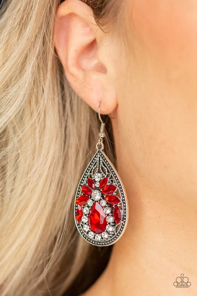 Candlelight Sparkle Paparazzi Red and White Rhinestone Silver Frame Teardrop Earrings Paparazzi Accessories Earrings Candlelight Sparkle Paparazzi Red and White Rhinestone Silver Frame Teardrop Earrings Paparazzi Accessories Earrings