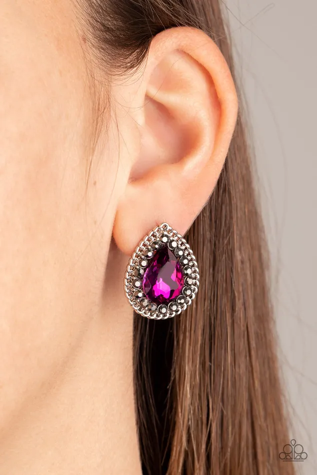 Earrings Debutante Debut Pink Gem Hematite Rhinestone Teardrop Post Earrings Paparazzi Paparazzi Accessories