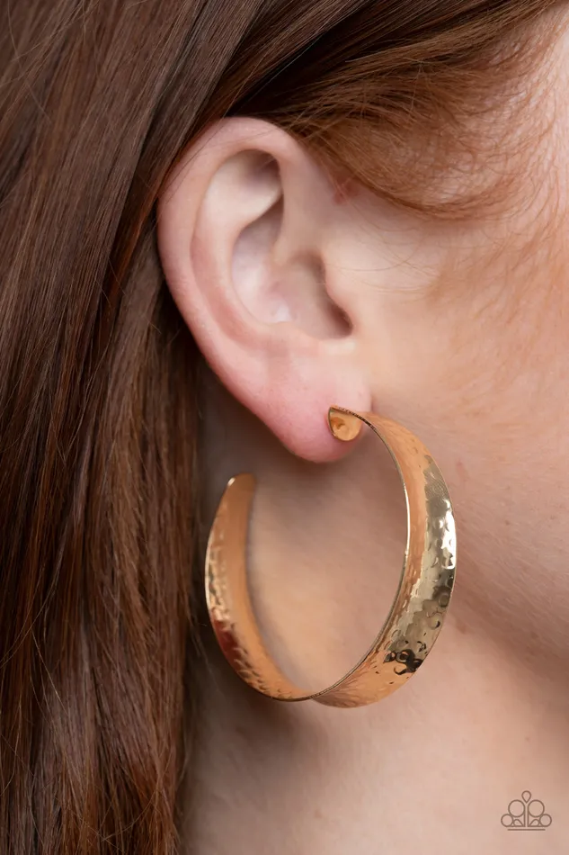 Earrings Fearlessly Flared Gold Hammered Hoop Earrings Paparazzi Paparazzi Accessories