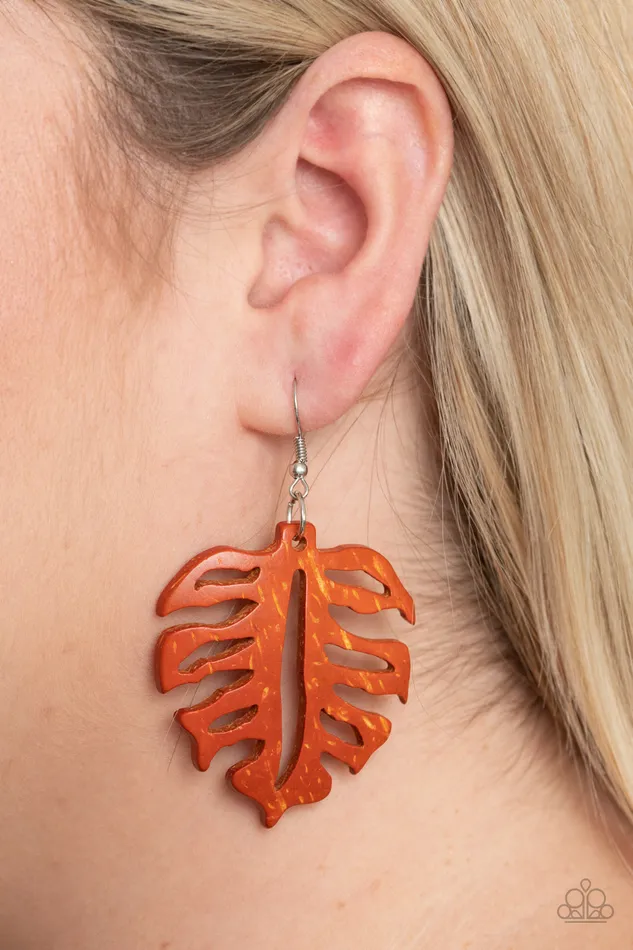 Earrings Paparazzi Accessories Shake Your PALMS PALMS Orange Wood Leaf Earrings Paparazzi