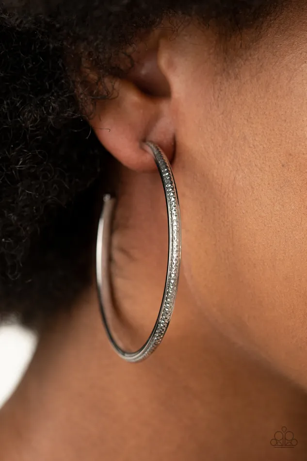 Earrings Paparazzi Accessories Sultry Shimmer Silver Textured Bar Hoop Earrings Paparazzi