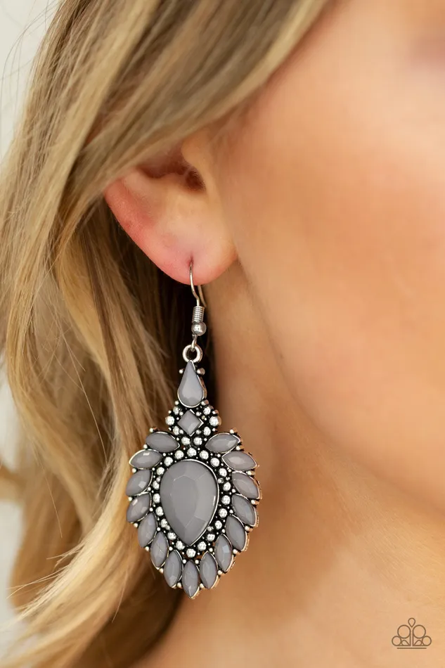 Earrings Paparazzi Accessories The LIONESS Den Silver Frame Gray Teardrop Bead Earrings