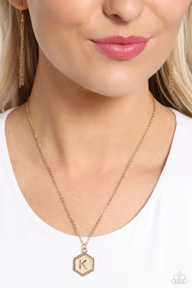 Emblematic Elegance Gold K Hexagon Letter Initial Alphabet Short Necklace Paparazzi Paparazzi Accessories Necklaces