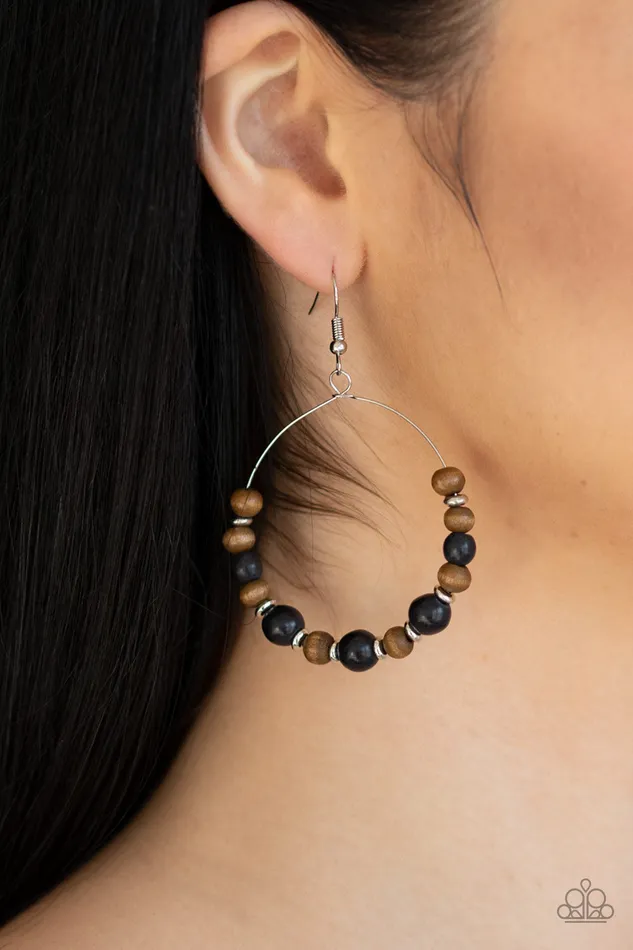 Forestry Fashion Paparazzi Black Stone Brown Wood Silver Circle Earrings Paparazzi Accessories Earrings