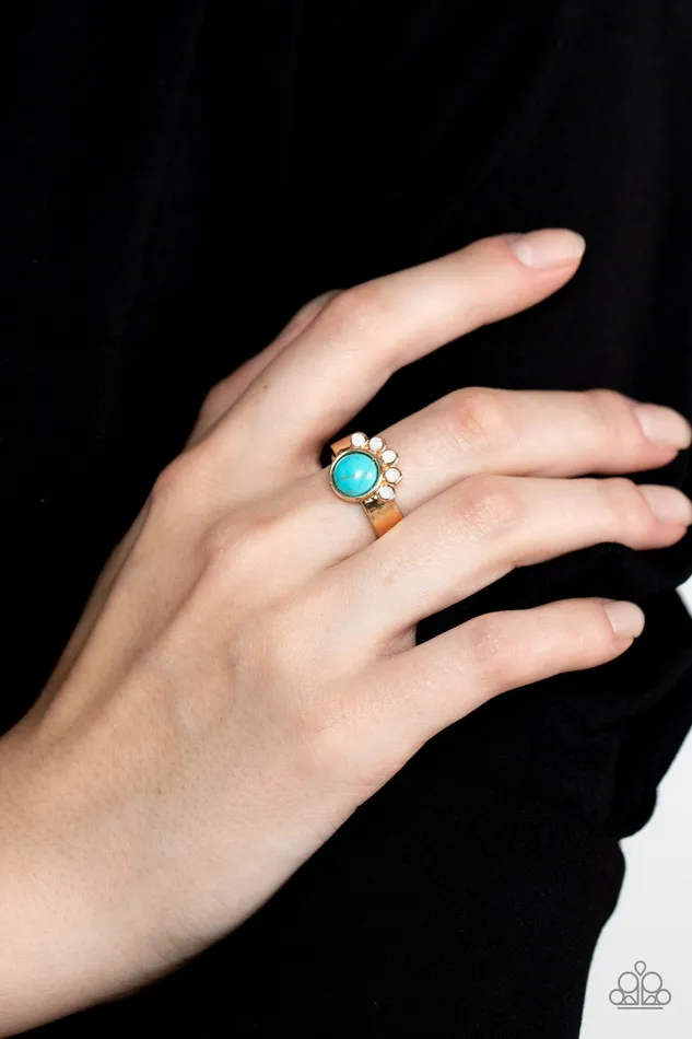 Havasu Haven Gold Frame Turquoise Stone Opalescent Rhinestone Ring Paparazzi Paparazzi Accessories Rings