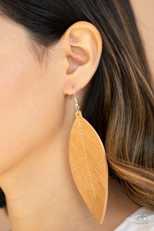 Naturally Beautiful Paparazzi Brown Leather Leaf Pattern Earrings Paparazzi Accessories Earrings