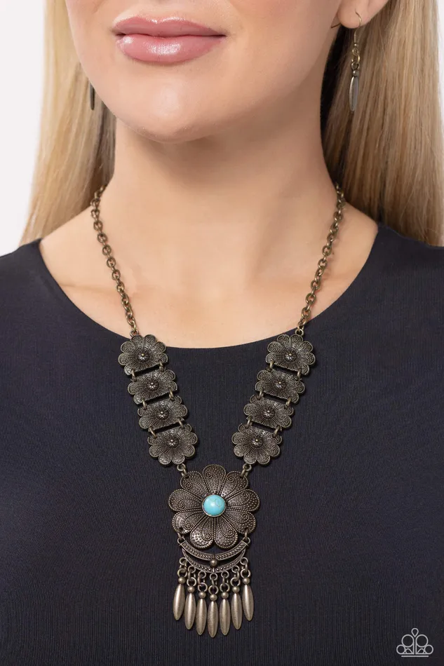 Necklaces Paparazzi Accessories A La ROGUE Brass Floral Plate Turquoise Stone Short Necklace Paparazzi