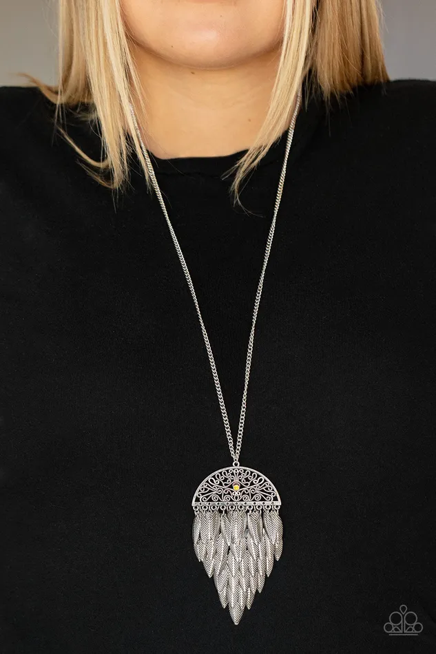 Necklaces Paparazzi Accessories Canopy Cruise Yellow Rhinestone Silver Feather Fringe Necklace Paparazzi