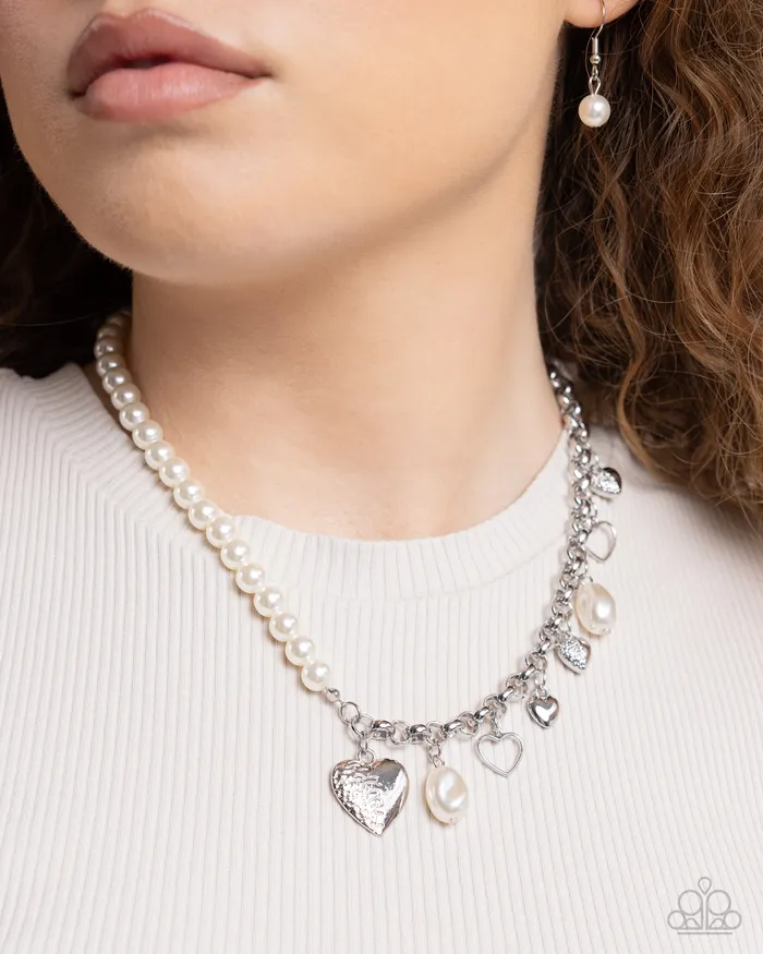 Necklaces Paparazzi Accessories Charming Competitor White Pearl Silver Heart Short Necklace Paparazzi