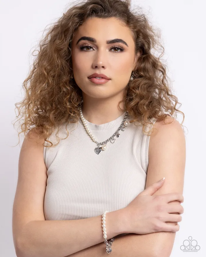 Necklaces Paparazzi Accessories Charming Competitor White Pearl Silver Heart Short Necklace Paparazzi