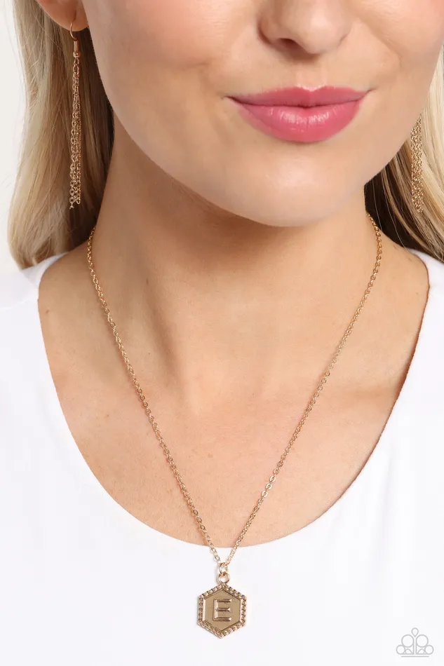 Necklaces Paparazzi Accessories Emblematic Elegance Gold E Hexagon Letter Initial Alphabet Short Necklace Paparazzi