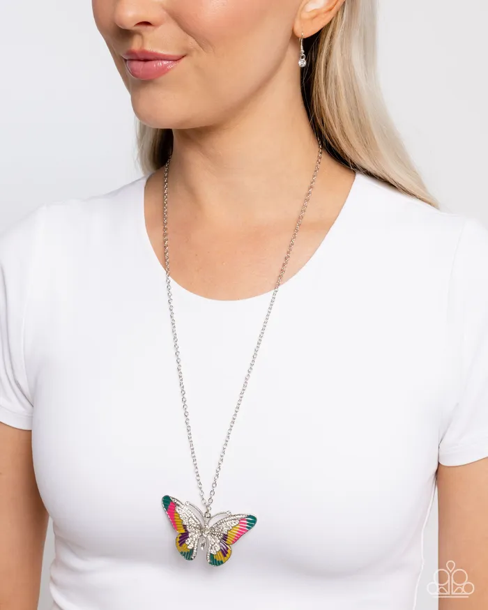Necklaces Papillon Pizzazz Yellow and Colorful Butterfly Silver Pendant Long Necklace Paparazzi Paparazzi Accessories
