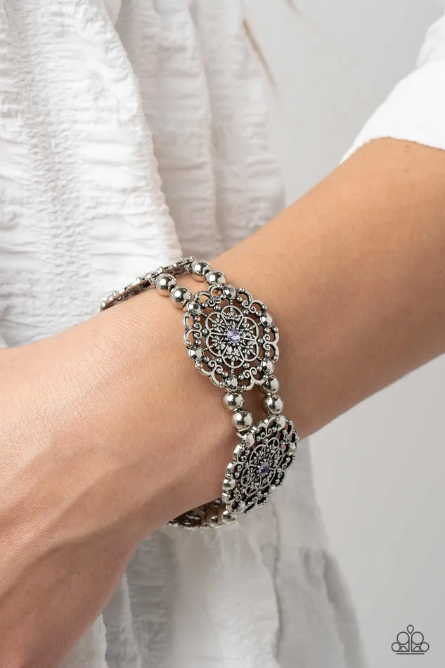 Paparazzi Accessories Bracelets Ornamental Occasion Purple Rhinestone Silver Floral Bracelet Paparazzi