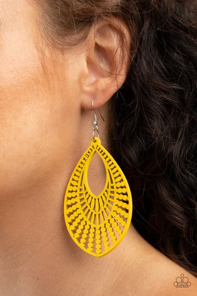 Paparazzi Accessories Earrings Bermuda Breeze Yellow Wooden Cutout Teardrop Earrings Paparazzi