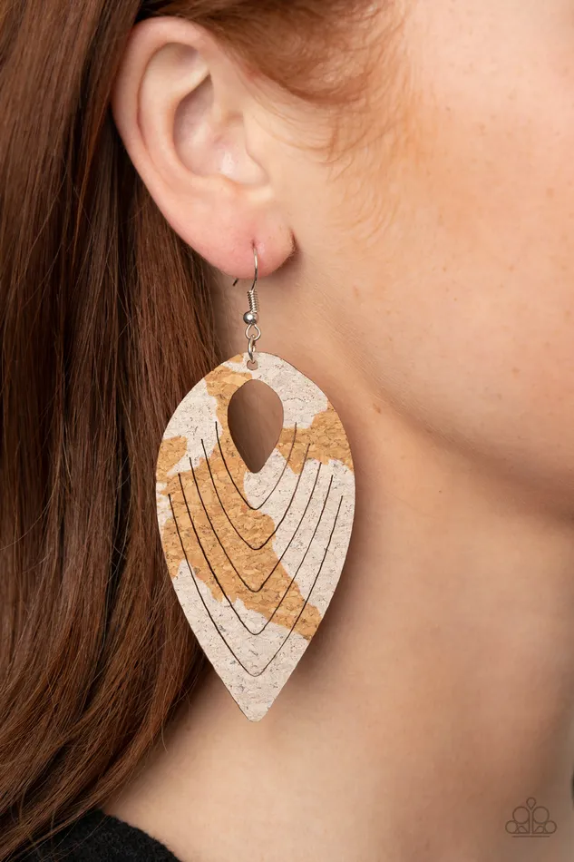 Paparazzi Accessories Earrings Cork Cabana White and Brown Cork Teardrop Earrings