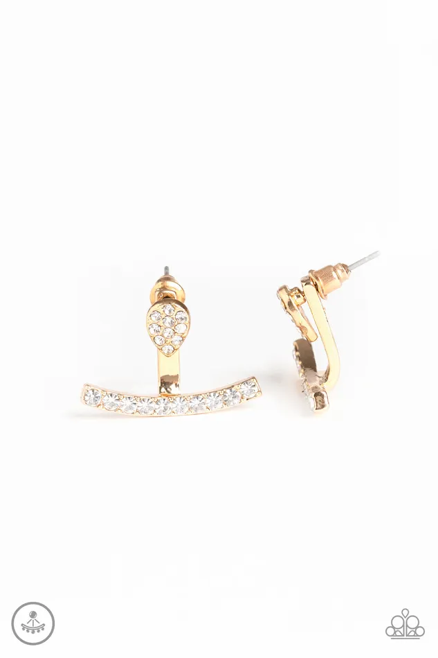Paparazzi Accessories Earrings Glowing Glimmer Gold White Rhinestone Jacket Earrings Paparazzi Paparazzi Accessories Earrings Glowing Glimmer Gold White Rhinestone Jacket Earrings Paparazzi