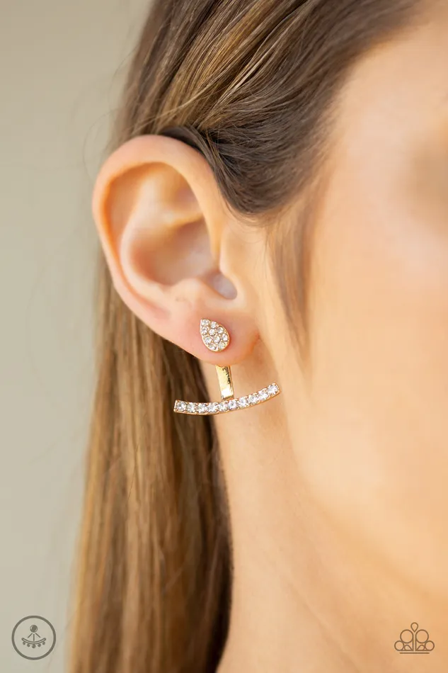 Paparazzi Accessories Earrings Glowing Glimmer Gold White Rhinestone Jacket Earrings Paparazzi