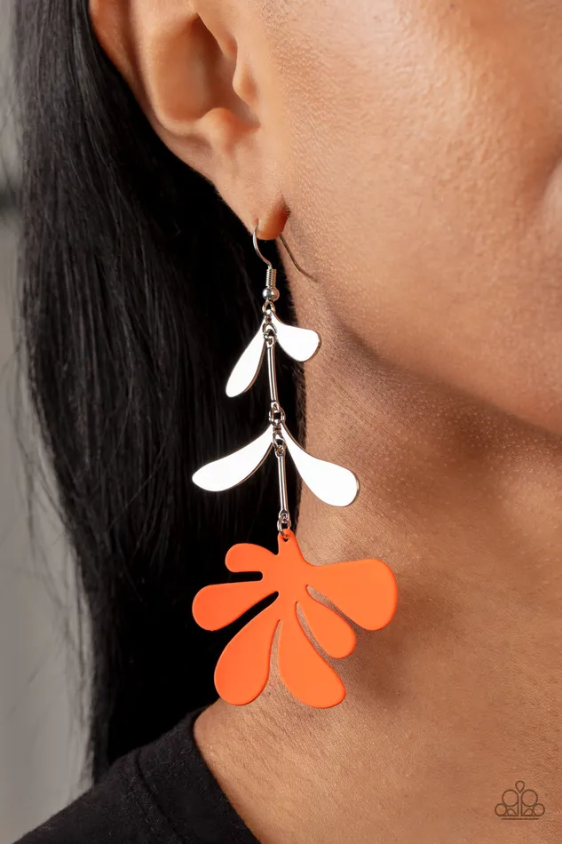Paparazzi Accessories Earrings Palm Beach Bonanza Orange Flower Silver Petal Drop Earrings Paparazzi