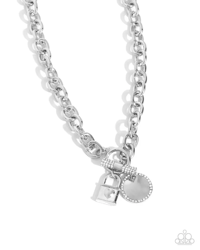 Paparazzi Accessories Locked Lady White Rhinestone Heart Lock Toggle Short Necklace Paparazzi Necklaces Paparazzi Accessories Locked Lady White Rhinestone Heart Lock Toggle Short Necklace Paparazzi Necklaces
