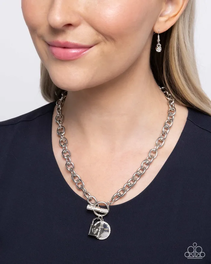 Paparazzi Accessories Locked Lady White Rhinestone Heart Lock Toggle Short Necklace Paparazzi Necklaces