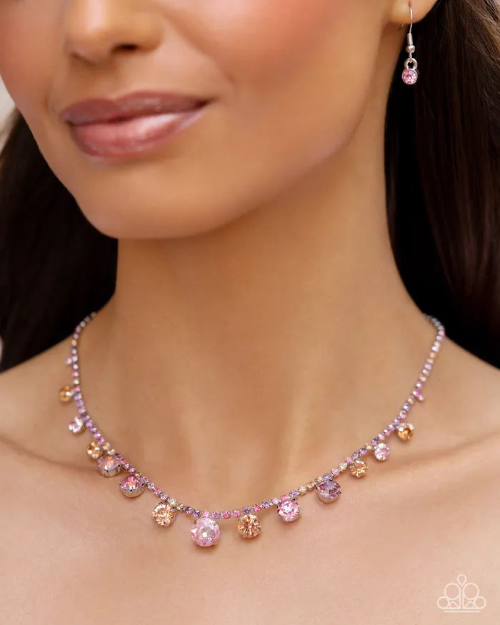 Paparazzi Accessories Necklaces Colorful Countess Pink Ombre Rhinestone Silver Short Necklace 2024 Convention Exclusive Paparazzi