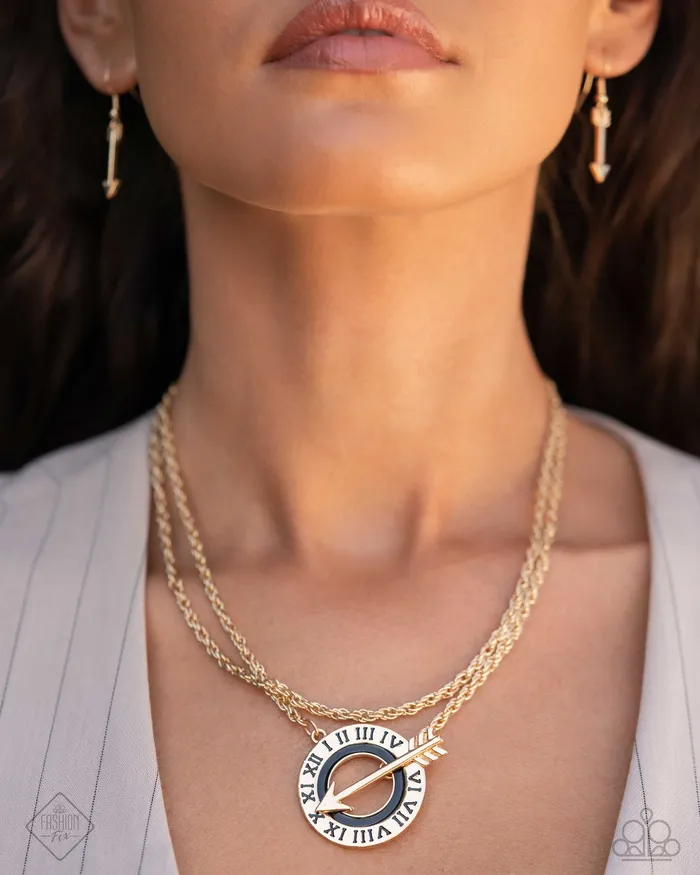 Paparazzi Accessories Necklaces Embodying Enjoyment Gold Arrow Roman Numeral Circle Toggle Short Necklace Paparazzi Fashion Fix September 2024