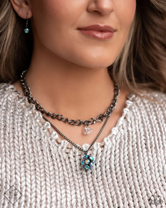 Paparazzi Accessories Necklaces Flair for the Fierce Blue Iridescent Rhinestone Gunmetal Layered Short Necklace Paparazzi Fashion Fix June 2024
