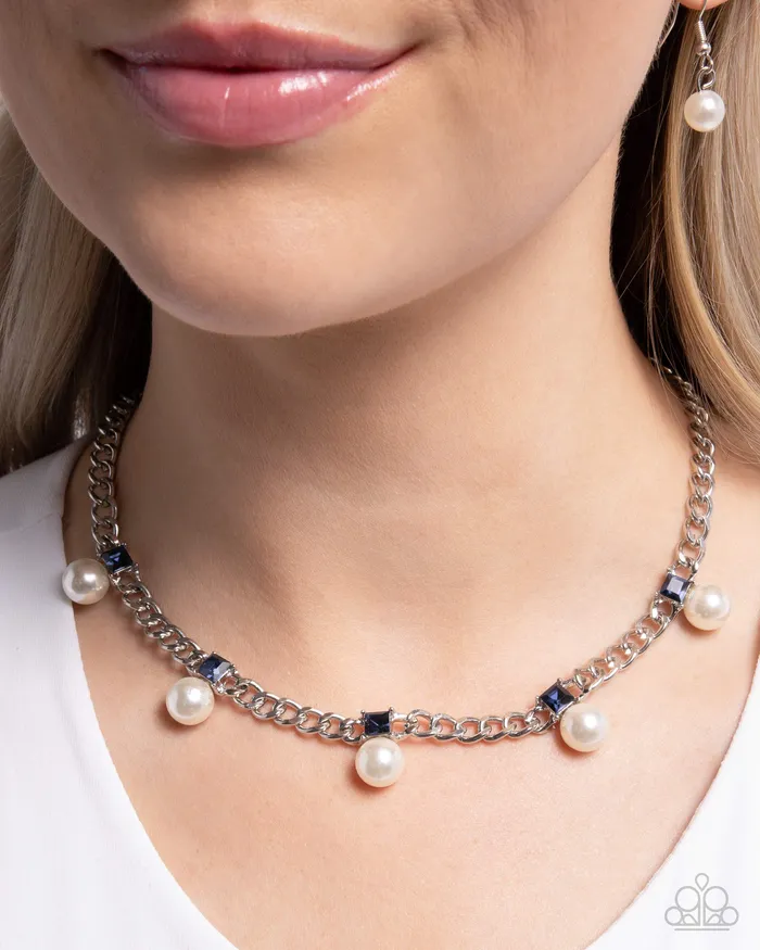 Paparazzi Accessories Necklaces Pearl Pedestal Blue Square Gem White Pearl Silver Short Necklace Paparazzi