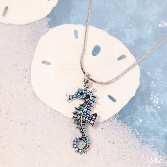 Paparazzi Accessories Necklaces Seahorse Shanty Blue Iridescent Rhinestone Silver Short Necklace Paparazzi