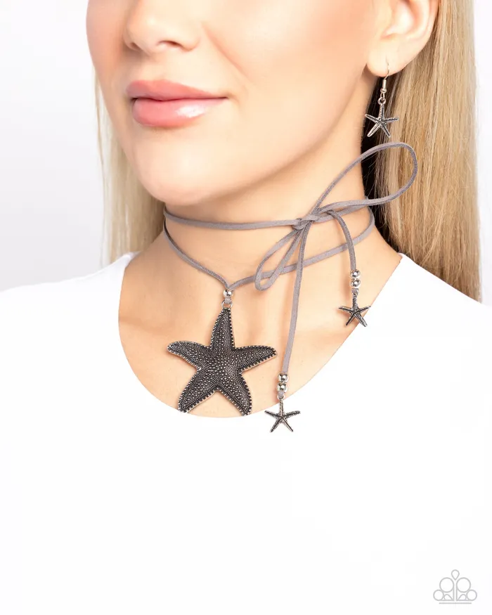 Paparazzi Accessories Necklaces Starfish Sentiment Silver Starfish Gray Suede Leather Tie Necklace Paparazzi
