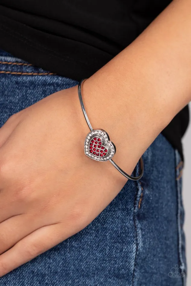 Paparazzi Accessories Stunning Soulmates Red Rhinestone Silver Heart Cuff Bracelet Paparazzi Bracelets