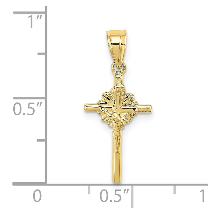 Qgold Charm Necklaces 10k Yellow Gold 12 mm 2D Starburst Jesus Crucifix Charm 061 grams Qgold Charm Necklaces 10k Yellow Gold 12 mm 2D Starburst Jesus Crucifix Charm 061 grams