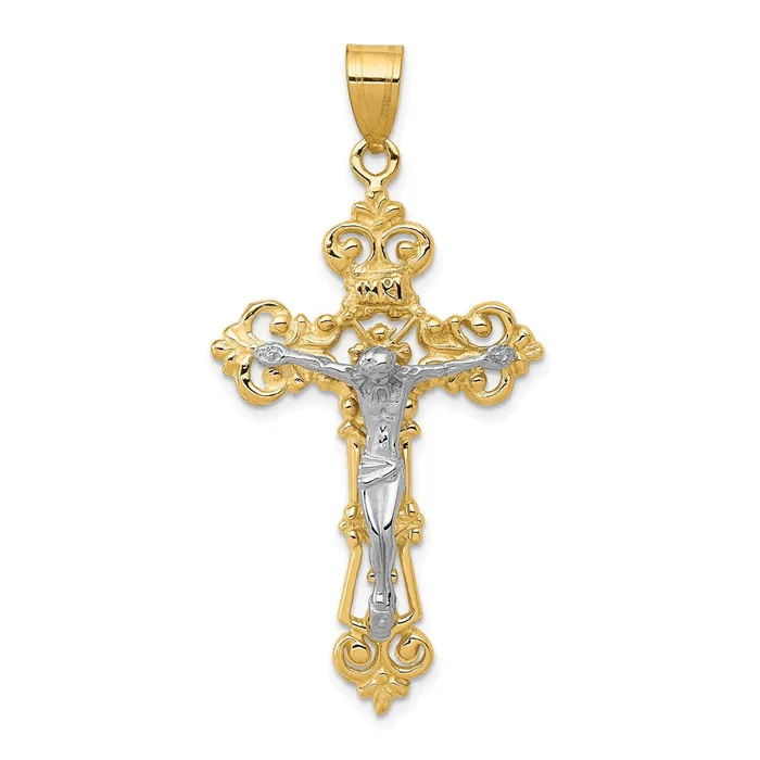 Qgold Rings 14k Twotone 23 mm INRI Fleur De Lis Jesus Crucifix Pendant 286 grams