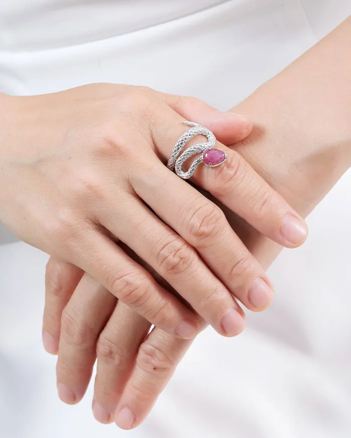 Rings AME Jewellery Natural Star Ruby Snake Ring in 14K White Gold