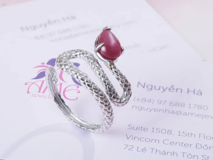 Rings AME Jewellery Natural Star Ruby Snake Ring in 14K White Gold