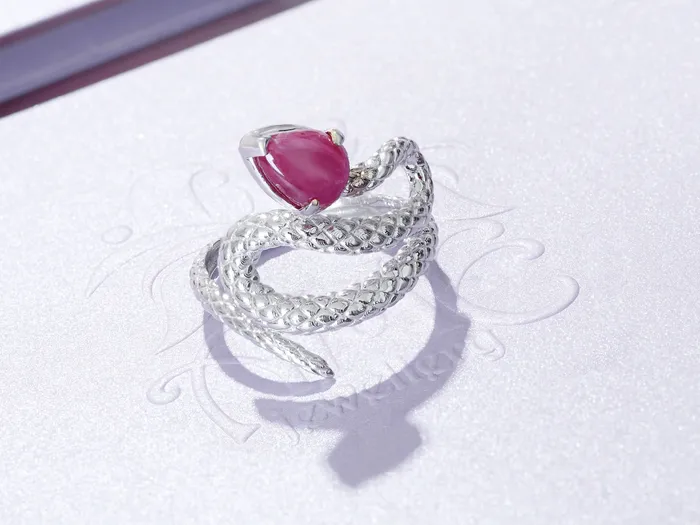 Rings AME Jewellery Natural Star Ruby Snake Ring in 14K White Gold