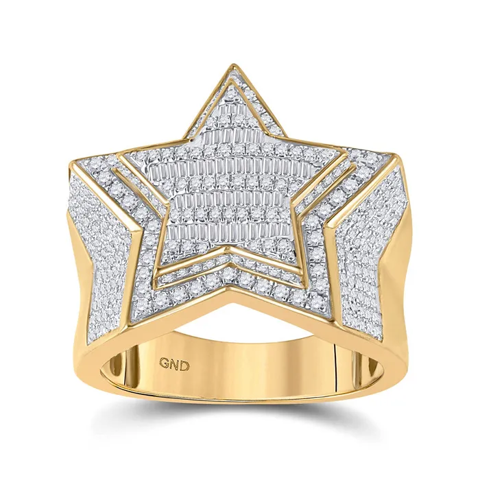 Rings GND Gold Statement Star Ring 114 Cttw Baguette Natural Diamond Mens 10 grams