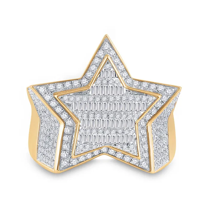 Rings GND Gold Statement Star Ring 114 Cttw Baguette Natural Diamond Mens 10 grams Rings GND Gold Statement Star Ring 114 Cttw Baguette Natural Diamond Mens 10 grams
