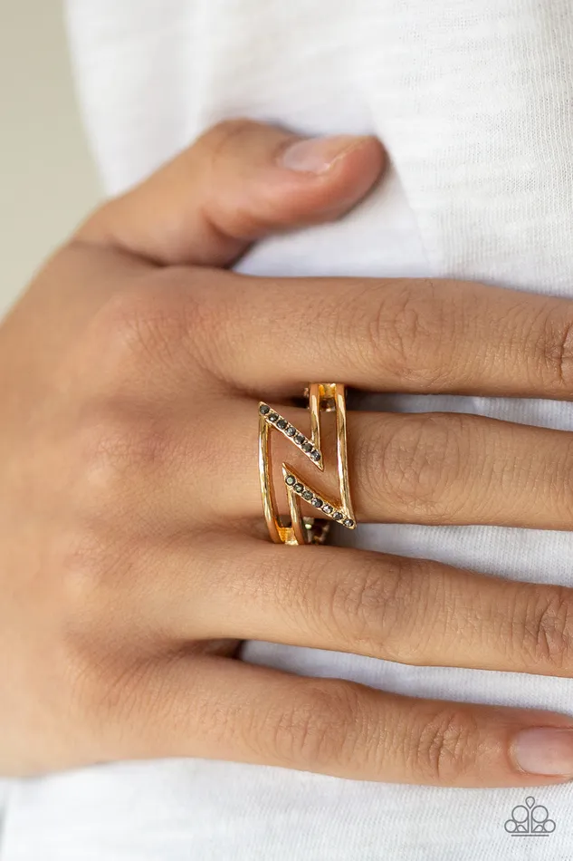 Rings Paparazzi Accessories 5th Avenue Flash Gold Zigzag Hematite Rhinestone Ring Paparazzi
