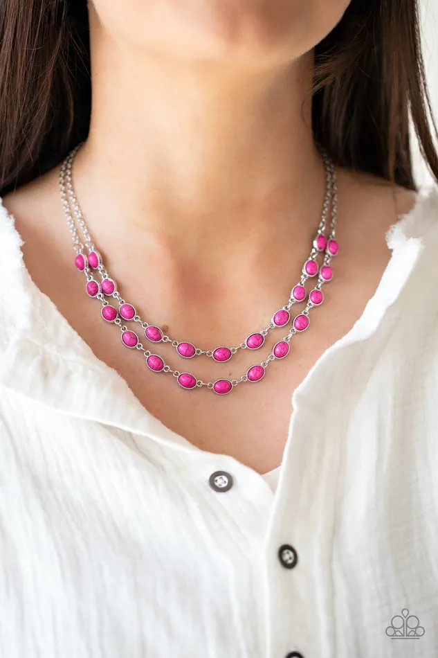 Sahara Safari Pink Stone Silver Layered Necklace Paparazzi Paparazzi Accessories Necklaces